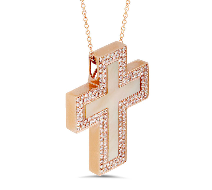 18K rose gold cross diamond and natural shell pendant - SKU#: 16504